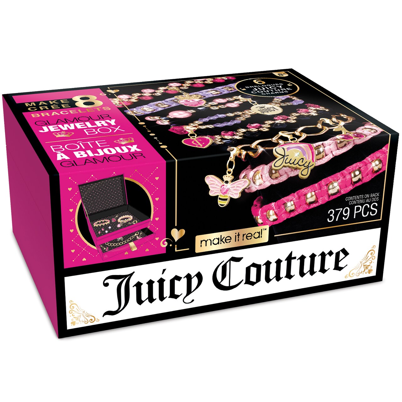 Juicy Couture: Glamour Box Jewelry Kit - Create 8 Unique Charm Bracelets, Make It Real, 379 Pieces In Pink Storage Box, Create & Decorate Bracelets, Includes 6 Juicy Charms, Tweens & Girls, All-In-One, DIY Bead Jewelry Kit, Arts & Crafts